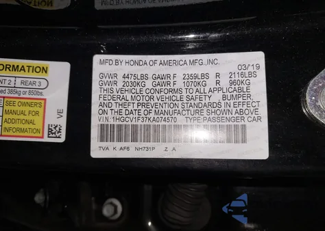 2019 Honda Accord Sport from USA, damaged, VIN 1HGCV1F37KA074570